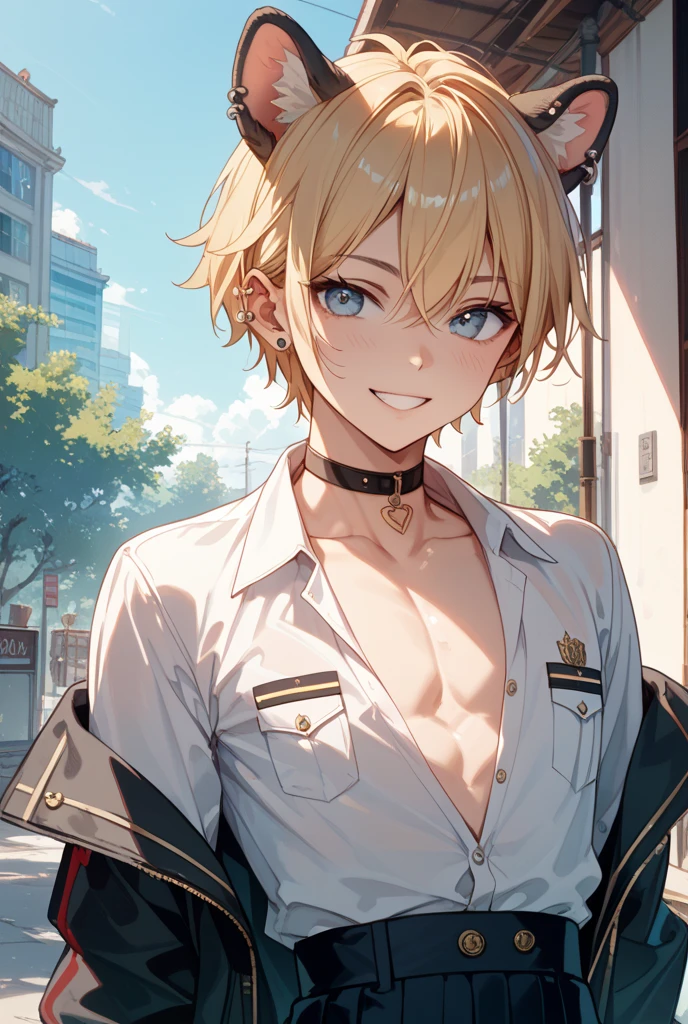 (One girl)、((short hair))、(sidelock)、(Blonde)、(sidelock)、((boyish))、((flat chest))、((Wizard))、black stick pants、White sleeveless、black jacket、black gloves、say、green eye、arm behind back、(coarse hair)、20-year-old 、curvy、asymmetrical bangs、White Background、