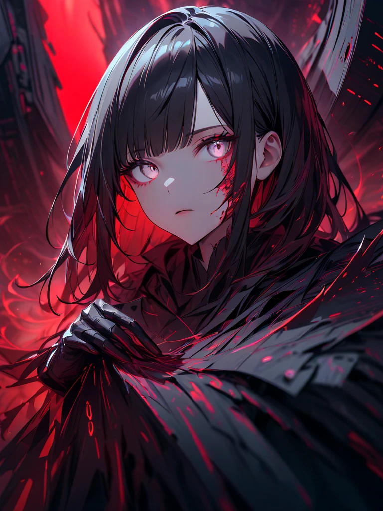 Dark Shadow of a Girl, Bloody, Being restrained、black and red background、is crying、Backlight、devastating, Dark Background、Like the end of the world, in love with viewer, "free me.",