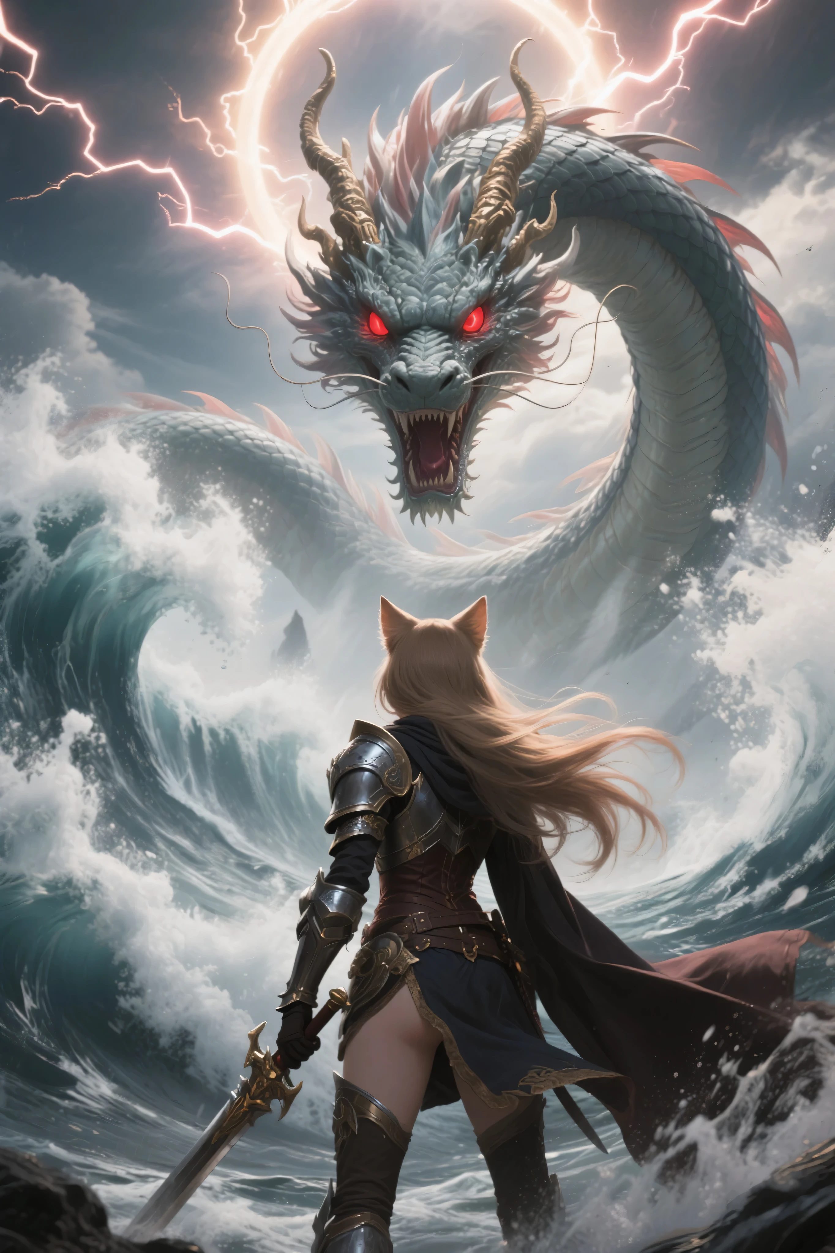 Epic fantasy style, colossal godly sea serpent dragon inspired by Final Fantasy, Leviathan-like divine beast, majestic and terrifying, summoning a gigantic tsunami, walls of water rising and crashing violently, eyes glowing with intense red beams, violent storm, dark clouds, intense lightning ripping the sky, supreme destructive aura, cinematic low angle shot emphasizing divine overwhelming power, dramatic atmosphere filled with heavy tension, in the foreground, back view of brave cat-eared female warrior, standing firm facing the god beast, gripping her weapon tightly, cat ears visible, long hair and cape blowing in the violent wind, body posture and silhouette subtly radiating sensuality and eroticism born from intense tension, soft curves visible, graceful yet strong, ultimate showdown atmosphere, no text, ultra detailed, dramatic and sensual fantasy illustration, no horror
