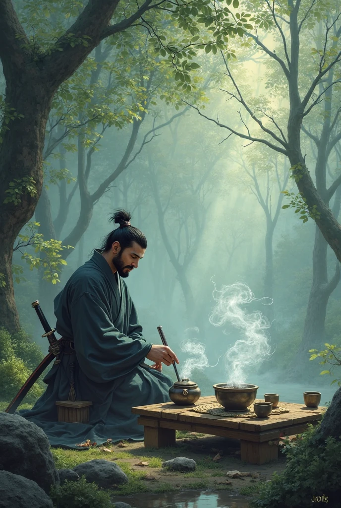 A beard long boy making tea alone in jungle