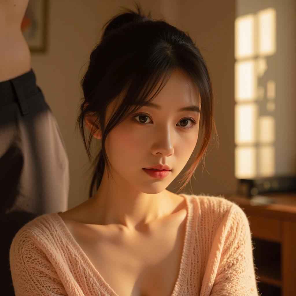 Top quality, 1 beautiful woman, 20 years old, slit eyes, super short hair, high ponytail, brown hair, V-neck-sweater, Maxi skirt, half-smile, midnight, cowboy shot, lotus position, crawling position, curvy, f cup, Monolid, Narrow eyes, Thin lips, Average face of Japanese MILFs