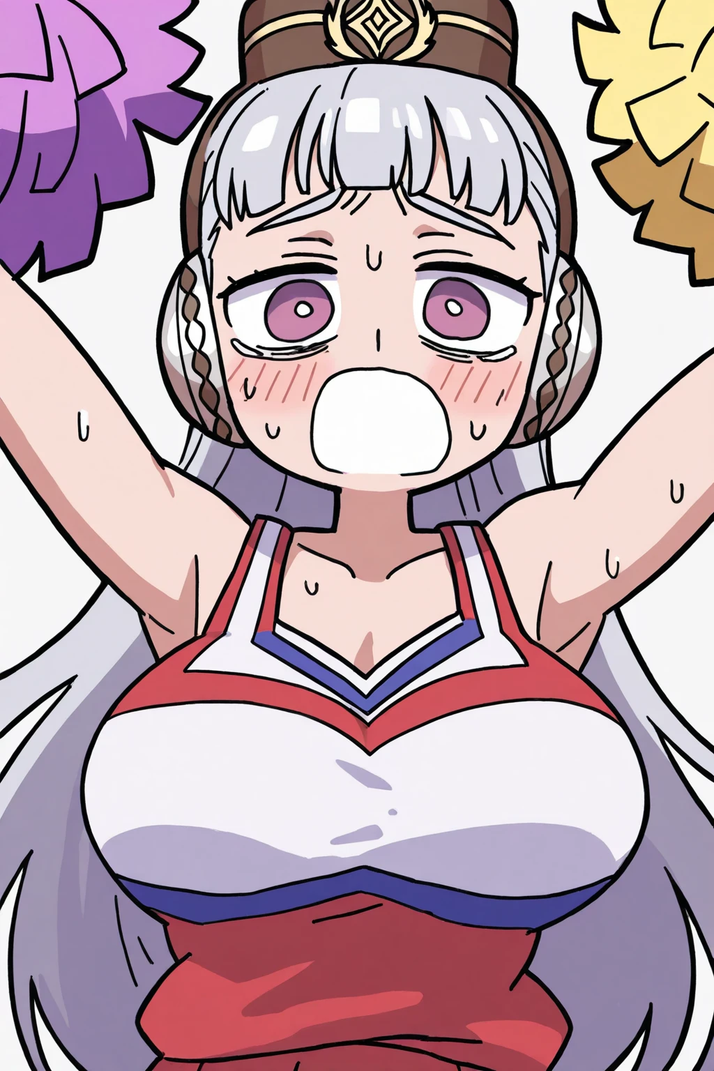 (((masterpiece))),(((best quality))),(ultra-detailed,high resolution:1.2),(illustration),((an extremely delicate and beautiful)),(detailed background), POV, fellatio, (((irrumatio))), (glup), sobbing, tears, open one eye wide, close another eye, (((catch head))), drool, (cum in mouth:1.4), ((((wrestling ring)))), ((1petit girl)and(1fat man)), hetero, ((((1petit girl,short stature)))),((((miyako(swimsuit)/(blue archive/)))),official style, (slender body:1.4), (long hair,ponytail),white hair,bangs, purple eyes, (small breasts), covered navel, collarbone, pale skin,shiny skin, ((She wears one piece swimsuit,frilly swimsuit, hair ribbon)), ((((panicking)))), (wavy mouth), open mouth, (cum on clothes,cum on body,excessive cum:1.4),cum facial,bukkake,cum on hair, clothing aside, clothed, (1fat man,short stature:1.4), [[[[he wears swimsuit]]]], large penis, text,