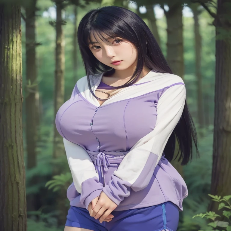 1girl, hyuga hinata in anime naruto, long hair, black hair, white eyes, smile, beautiful, sexy clothes, purple clothes, very big breast, realistic clothes, detail clothes, outdoor background, ultra detail, realistic