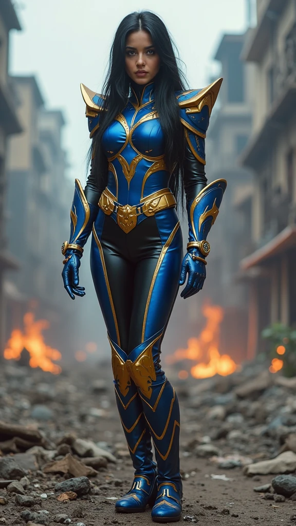 A beautiful woman under the cloak of Big Barda has long hair, black and almost always hidden by his samurai helmet. His eyes are light blue. Her superheroine costume is samurai themed.. His usual costume includes a blue leather jumpsuit with scales and a gold armor top over his jumpsuit, thick red belt, boots and burnt yellow gloves. (((on his knees in an apocalyptic city with much destruction)))