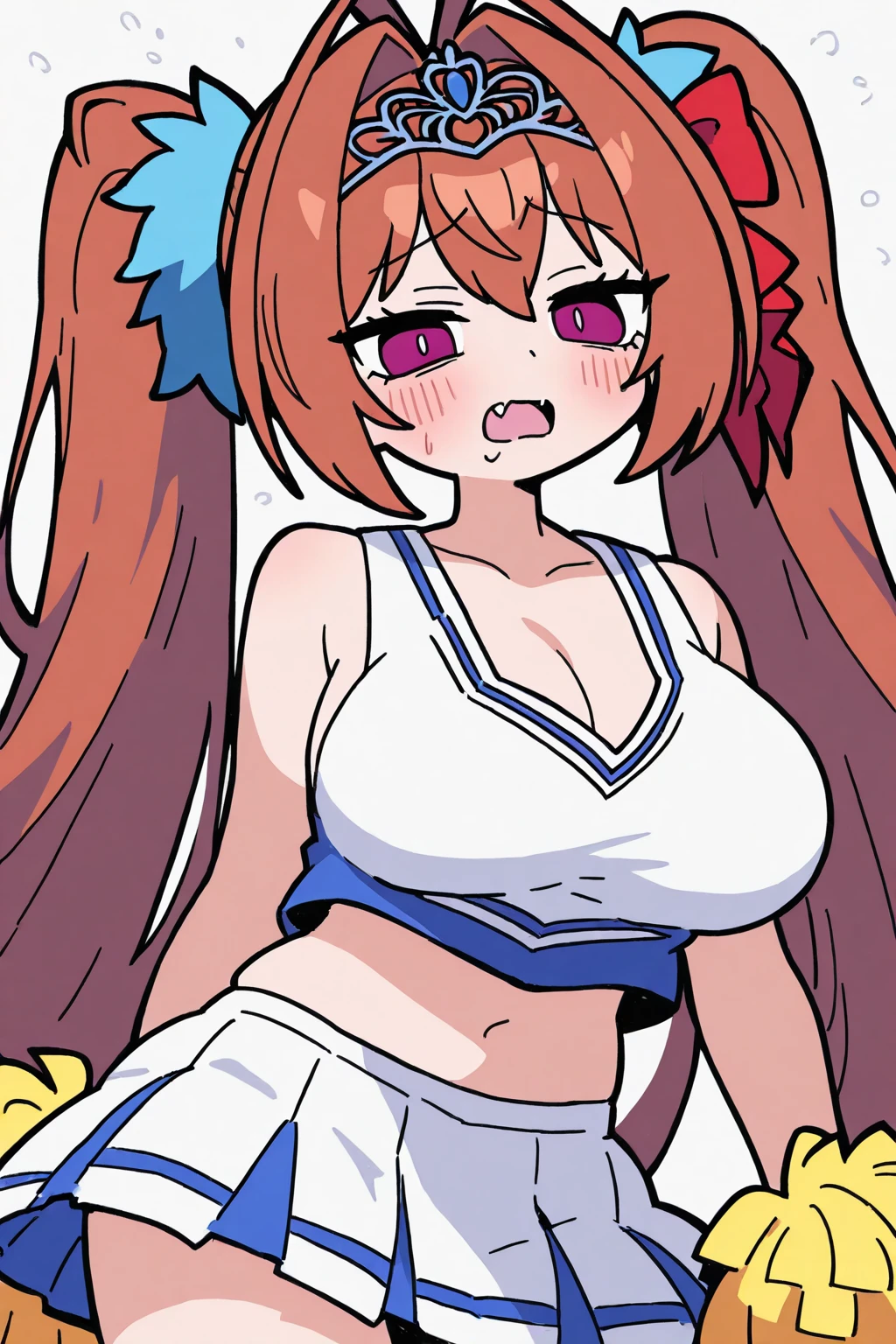 (masterpiece:1.2, best quality:1.2, beautiful, high quality, highres:1.1, aesthetic), detailed, extremely detailed, ambient soft lighting, 4K, perfect eyes, perfect face, perfect lighting, 1girl, long hair, solo, RanmaChan, red_hair, (single_braid), blue_eyes, 1girl, solo, huge breasts, huge ass, huge thighs, narrow waist, wide hips, thick thighs, curvy, cleavage, cheerleader, pompoms, mini skirt, looking at viewer, simple background, (best quality), ((masterpiece)), (highres), original, perfect female body, perfect breasts, perfect hips, perfect anatomy perfect hands, extremely detailed wallpaper,shiny, chromatic aberration abuse, vivid color, (highly ultra detailed face and hair and skin and eyes and finger and background and hair:1.2)