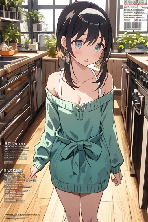 (small breasts:1.2), (perky chest:1.1), (pointed chest:1.0), (hand gun magazine cover:1.3),(from below:1.2),(from side:0.9),masterpiece, 1girl, Amazing Cleavage:1.1, thin waist, big ass, Raised sexy, small breast: 1.2, posed cleavage:1.2、solo, open mouth, have a cute grass of cute beergrass,black hair, dark green eyes, dress, bare shoulders, jewelry, collarbone, sidelocks, hairband, earrings, indoors, off shoulder, sweater, arms behind back, plant, short hair with long locks, gild hairband, sweater dress:1.2, off-shoulder sweater, red sweater, dark gord hair, big side hair, very long side hair,is rendered in (masterpiece: 1.2, best quality), with (ultra high resolution) and an exquisite (depth of field). This masterpiece is not only visually stunning but also tells,A scene of cooking in the kitchen by classroom ,looking at viewer,