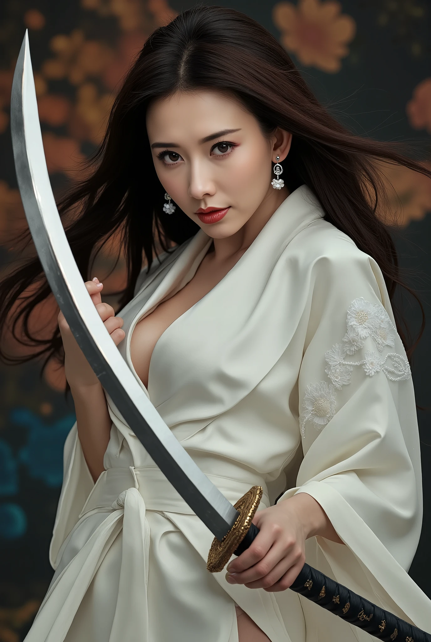 Very beautiful woman, big breast, holding long knife, luxury white kimono, sexy thighs, woman wushu, woman murderous expression, hair style elegant, full body image