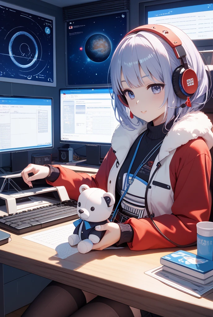 Masterpiece, Best Illustration, Solo, 1 Girl, Seated, Bun, Keyboard \ (Computer \), Fur Decoration, Computer, Monitor, Hood, Jacket, Hood Down, Chair, Headphones, City, Double Bun, Instrument, Cyberpunk, A Small Wooden Toy, \((Intricate Details\)\), Color Details, Rainbow Color BREAK, \(\(Masterpiece Best Quality\)\), 4K, Hyperdetail, Detailed Lighting, \((Inspired by Hayao Miyazaki), Official Art, Propaganda Art, Composition,