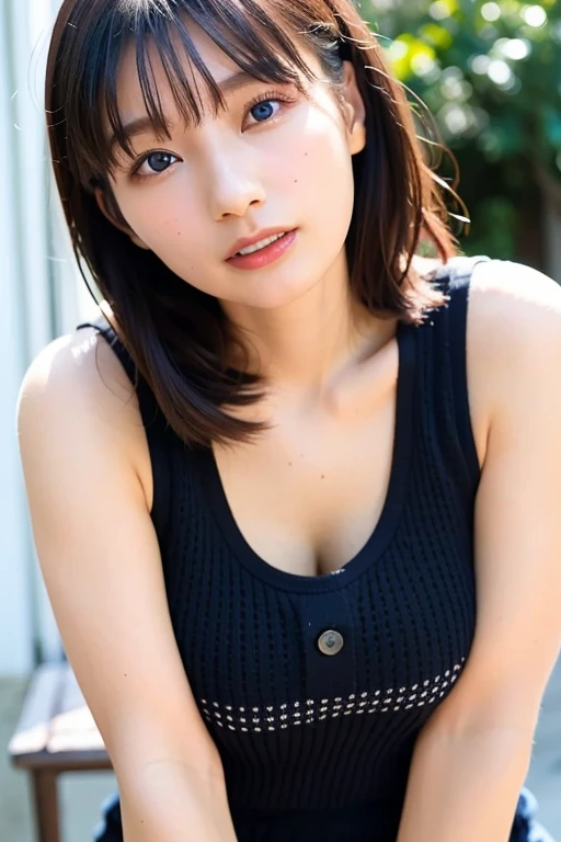girl, japanese actress, small breasts, tank top, pov, black eyes, black hair, bangs, mole, cleavage,masterpiece, best quality, ultra quality, high quality, realistic, photo realistic, RAW photo, hyper detailed, intricate detailed, film grain, room,