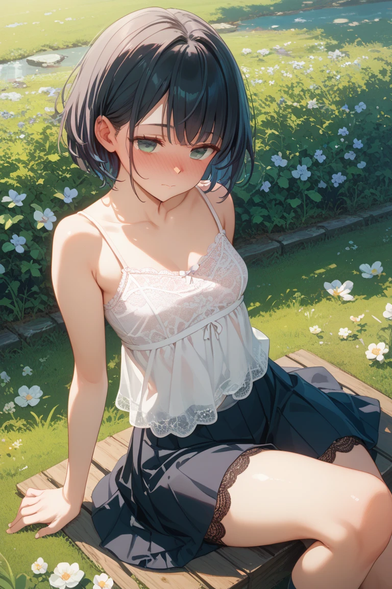 very cute and beautiful girl,(Very detailed美しい顔),White camisole,Sitting,(Spread your legs,Lacy white panties)
break (smile:1.2),Happy,View your viewers,(Pleated blue mini skirt:1.15),
countryside,grassland,top of the hill,Small colorful flowers,Wooden fence,Detailed landscape,Black Hair,Twin Blade,
(Highest quality,masterpiece:1.0),Absurd,High resolution,Super detailed,Very detailed,32k,8K resolution,
Intricate details,Movie Scenes,Detailed Background,alone,Dynamic Angle,Beautifully detailed skies,