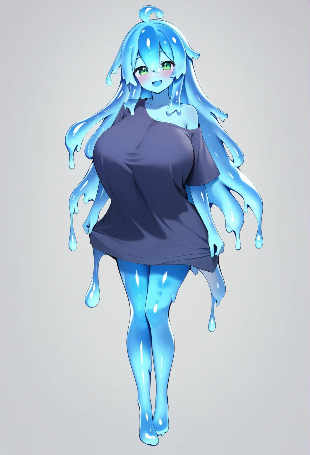 Slime girl, anime, large horns, high quality, very height, large breasts, simple background, white background, closed dress, closed mount, closed breast, curvy body, cute, full body, melting, large deer crystal horns,dress,forest, blue eyes, four legs,udder,milk,dress,