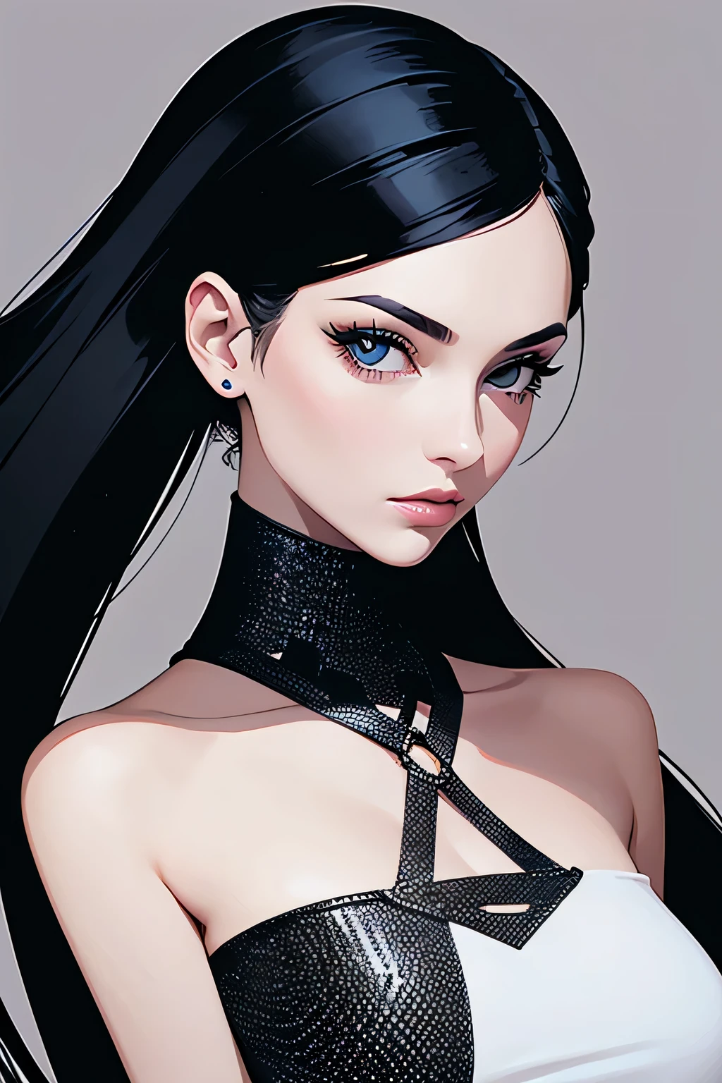 score 9, score 8 up, score 7 up, score 6, score 5, score 4, source anime, safe, absurdres, extremely detailed, very beautiful and aesthetic, beautiful face, perfect hands, realistic, raw photo,
1girl, solo, natural medium perky breasts, very long black hair( with white highlights:0.8), blue eyes, pale skin, black eyeliner, hair behind ear, hair over one eye, eyes visible through hair,
black choker, black single-shoulder shirt, open leather vest, fingerless elbow gloves, tribal tattoo on shoulder, too many belts,
shy look, embarrassed, parted lips,
indoors, nighttime, dim lighting, dark