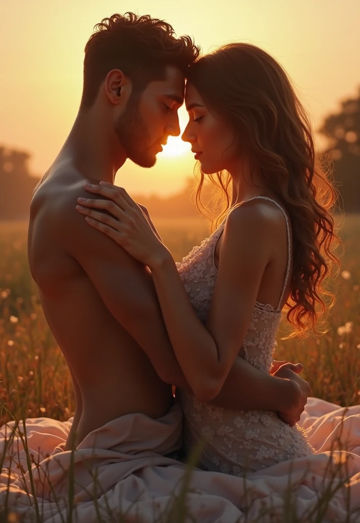 Woman in black tights and a flowing floral sun dress straddles a man on a blanket