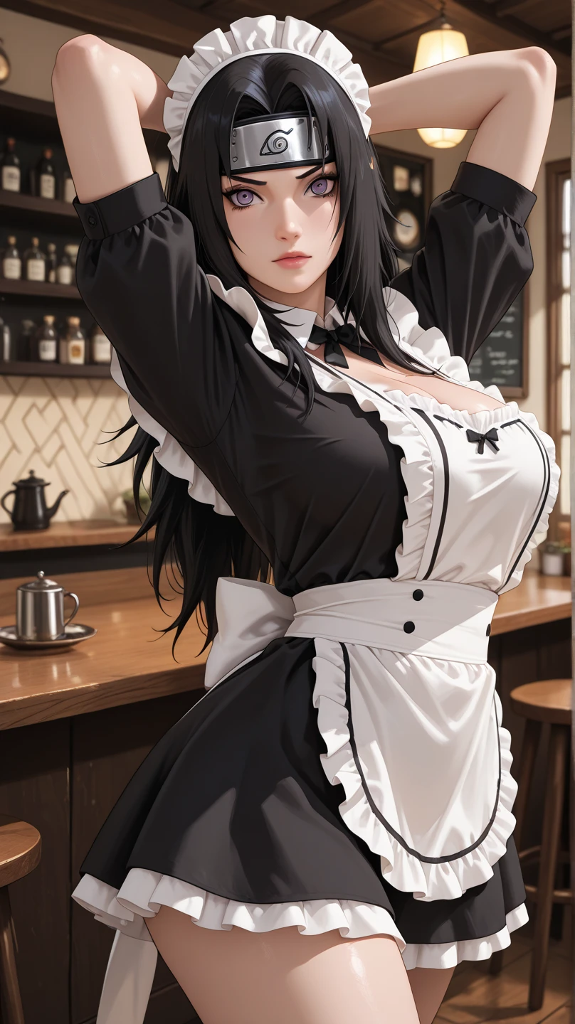 (masterpiece, best quality, absurd), (((Full and soft breasts,)))(((Huge breasts))) (((Cleavage))) (Perfect curvy figure), A woman,Mature,Mature,25 years old,Black Hair, Long straight hair, Bangs, Large Breasts, Tight waist, Purple Eyes, petal, Blue tanned skin, indoor, Gunsmith,Assault Rifles,maid,Black long skirt,maid headdress, maid apron, Cowboy shooting, blush, A faint smile, Tilting your head, bow