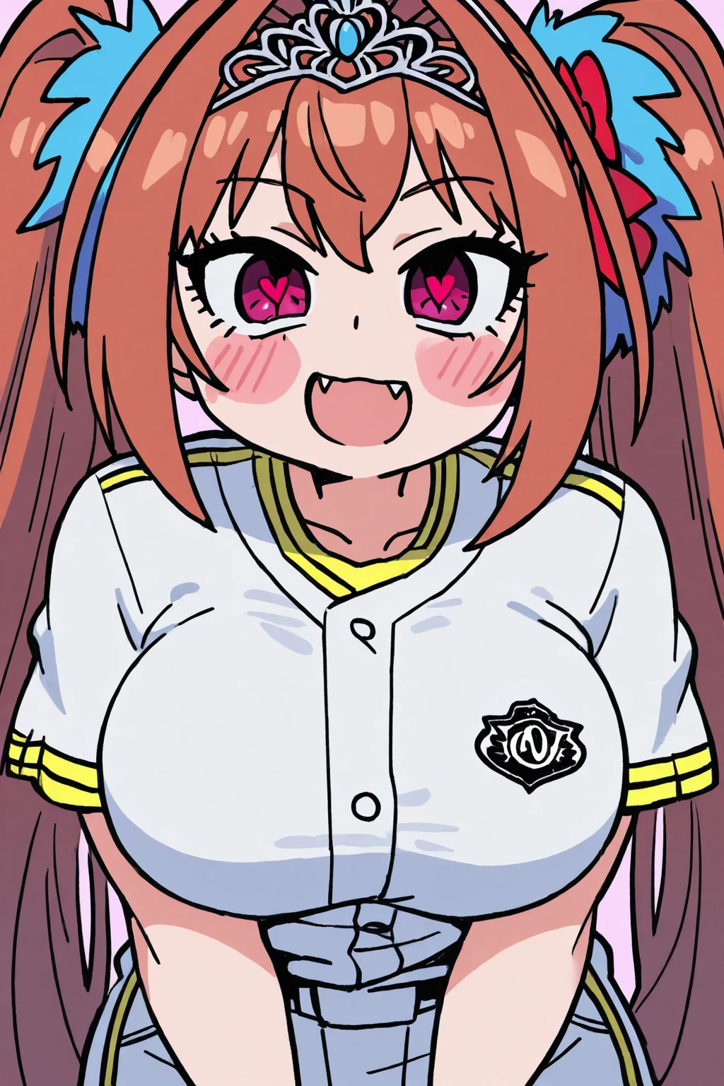 pov, akazutsumi_momoko, orange hair, pink vest, pink skirt, black fingerless gloves, young, cartoon, ribbon, long hair, cowgirl sex position, moaning, arms behind back, belt