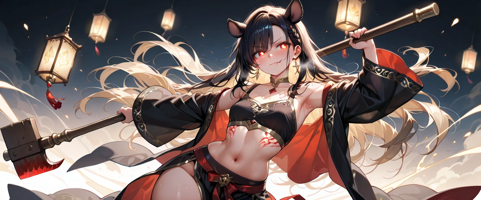 ((masterpiece)), ((pale skin)), (bokeh effect), (dynamic angle), (narrowed eyes:1.3), (solo:1.2), (female:1.1), black hair, yellow eyes, (glowing eyes:1.2), sideboob, bracelets, armbands, (twintails:1.1), long hair, (exterior:1.2), (pointy ears:1.1), (shorts:1.1), (red mark on forehead:1.4), red horns, (red tabard:1.3), thighhighs, (shirt tucked off:1.4), (small chest:0.8)