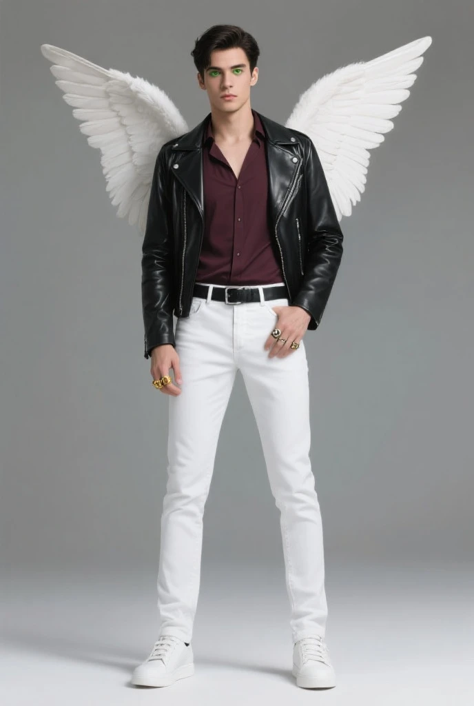 A full body man, with short blonde hair, strong with tattoos on his chest, wearing glasses, with white angel wings, no shirt, just black pants