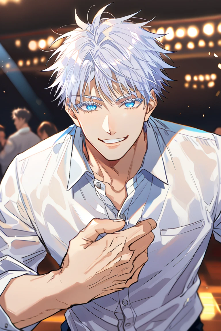 masterpiece, best quality, detailed, 1boy, male focus, sakata gintoki, <lora:SakataGintokiV1:0.55>, business suit, sparkle, smile