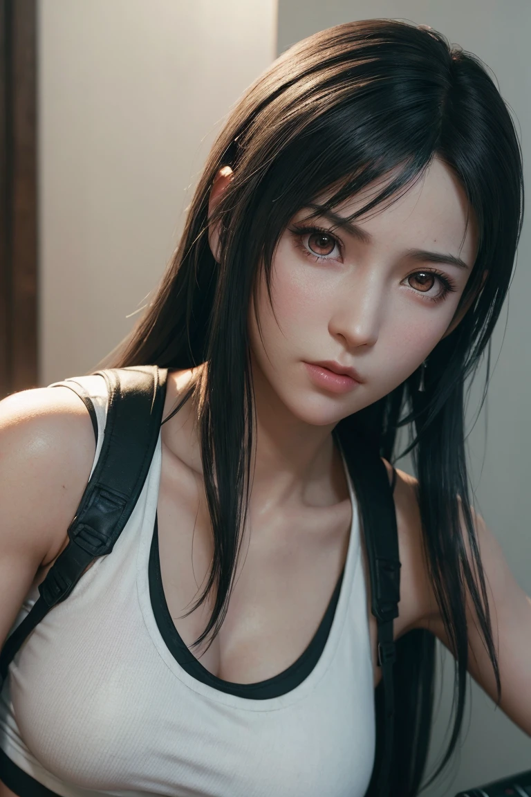 8K, Top Quality, Intricate Details, Ultra Detail, Ultra High Resolution, Masterpiece, close up shot, (full body: 1.1), Slender, Smile, (Makeup: 0.4), (walking), (Fluffy Eyes: 1.21), ((bangs)), 1girl, solo, 1 girl, (((red eyes, black hair, bangs, long hair)), ((Tifa,Tifa・lockhart,Final Fantasy 7,FF7,l)), close up shot, , ((tall)), (((fit body))), (((slim face))), sharp face, (( hoodie,)) , (detailed face), sharp face, small lips, ( walking), walk pose, walking pose,
((, )), , ((,)), detailed face, detailed breast, large breast, (( )), detail ass, Narrow Waist, Skinny, tall , 175 cm tall, Muscular, Navel, Exposed Abdomen, Pointed Chest,, Beautiful girl with accentuated slender abs: 1.4, Six Pack Abs: 1.4,, Perfect Body, detail leg, (( dark background)), black background,