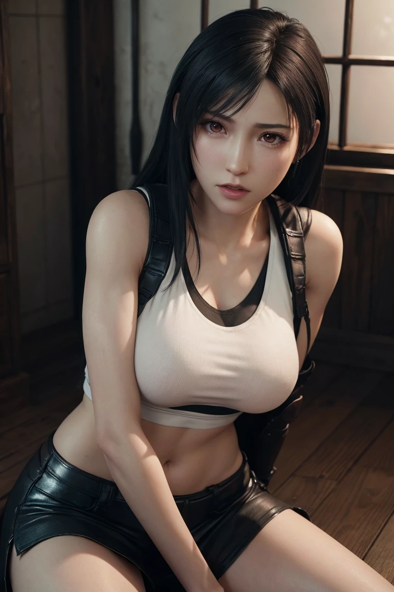 (Top Quality, Masterpiece: 1.1), (realisitic:1.3), BREAK (((FF7,Tifa_lockhart))),Ultra-detailed face, Detailed RED eyes,black Brown Hair, (Large breasts: 1.2),(A dark, old ruins:1.3,wet,dark), BREAK (((FF7,Tifa_lockhart))),(Tifa_lockhart is cop,wearing catsuit:1.3),(No Bra) (No Panties) (Small and beautiful hard nipple), (shiny oiled skin: 1.1), about 18 years old, (face focus:1.0),strong will,sexy pose,hentai Tifa_lockhart:1.2