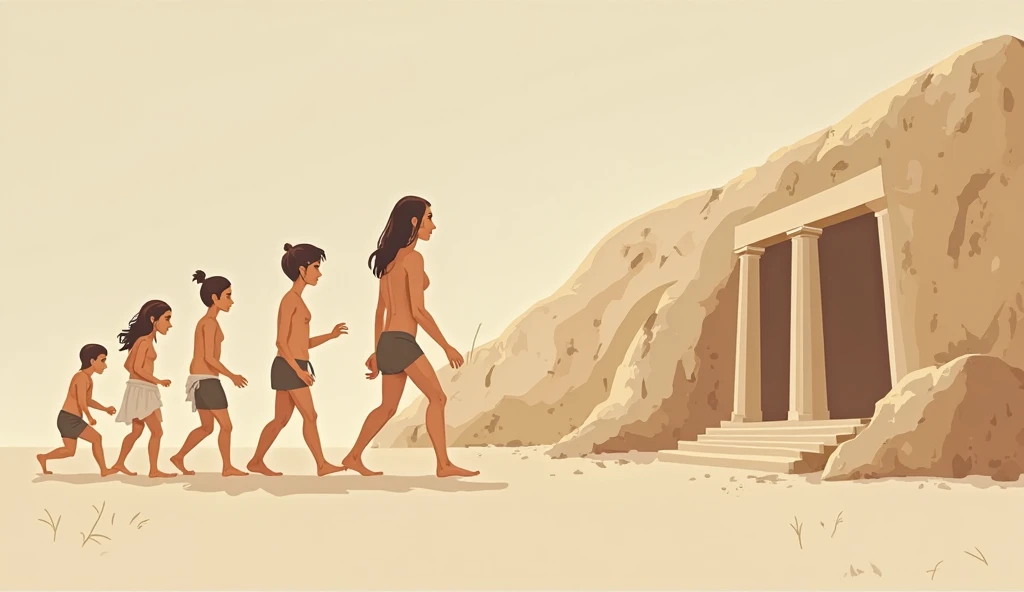 Top left: Images of Homo sapiens and Neanderthals, showing how they might have used basic gestures and sounds to communicate.
Top Right: Representations of people using gestures and signals to convey messages, like raised hands and hunting signs.
center: Illustrations of onomatopoeia, showing how early humans might have imitated sounds from nature.
Bottom left: Images of primitive tools that could have been used to create sounds or signals.
Lower right part: Hunting and gathering scenes, showing the need for communication.
Evolution of Language: A series of images at the bottom showing the evolution of language from basic sounds to more complex words.