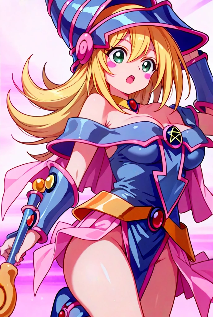 thick outlines, comics, photorealistic, perfect hands, masterpiece:1.2, dungeon, arena, Cards, 1girl, solo, dynamic pose, magic, circle of invocation, dark magician girl, long skirt, blonde hair, medium breast, detailed background, detailed face, detailed eyes,