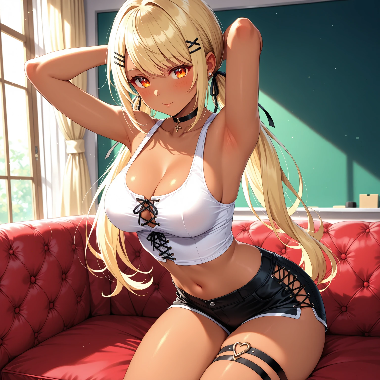 One girl, solo, Big round breasts, curvy hips, hourglass waist, realistic, bright blonde hair, light green eyes, amazing big eyes, eye details, eyebrow details, white crop top, denim skirt, parted lips, blush, confident, dominant, bdsm, smirk, naughty, mischevious face, HD, good quality, crop top, curvy, bedroom setting, standing up, fully body, close up
