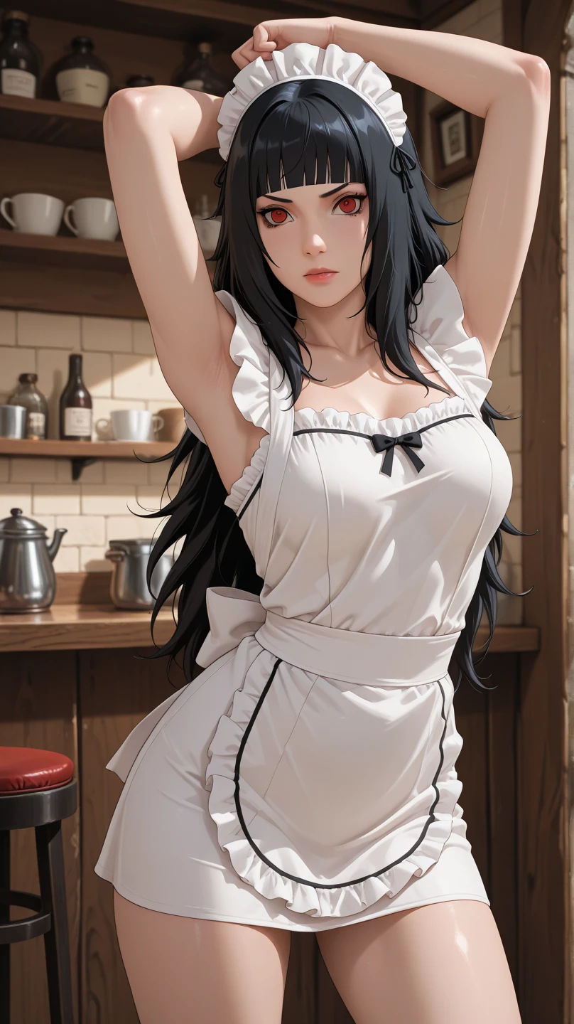 masterpiece, absurdres , (intricate details), (colorful),cinematic lighting, bust shot, extremely detailed CG unity 8k wallpaper, 1girl, Robin, long hair، black hair, wide pupils, complete Apron, nude, naked apron, kitchen, blush, looking at viewer, Nico Robin,