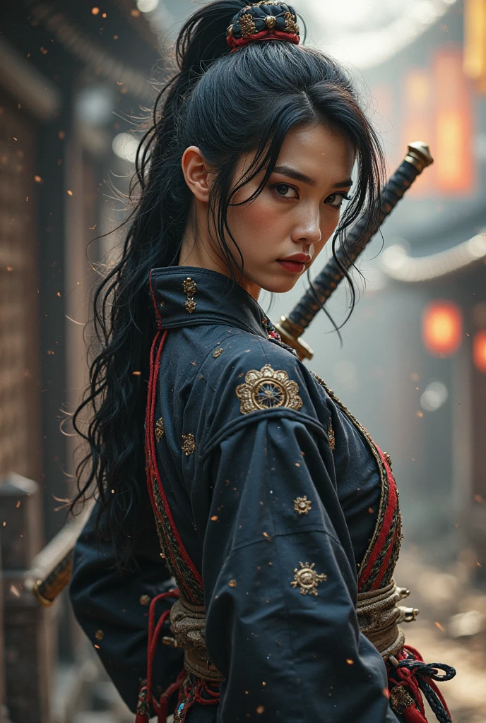female samurai warrior, super , side ,((masterpiece, highest quality, Highest image quality, High resolution, Raw photo, 8K)), ((Extremely detailed CG unified 8k wallpaper)), (huge stunning warrior shot, full body, musclural body beauty:1.4), black hair, black hair, nervous, Posing for the camera, In a warrior fighting stance, unkempt hair, a stern look, and dual swords, symbolizing his mastery of the dual-wielding technique. Pose: Holding both swords, one above his head and one in front, in a ready stance, showcasing his adaptability and readiness., photorealistic, 16k, 8k, 4K, award winning, exposed  