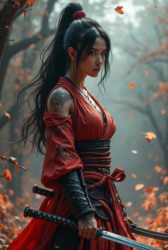 female samurai warrior, super , side ,((masterpiece, highest quality, Highest image quality, High resolution, Raw photo, 8K)), ((Extremely detailed CG unified 8k wallpaper)), (huge stunning warrior shot, full body, musclural body beauty:1.4), black hair, black hair, nervous, Posing for the camera, In a warrior fighting stance, unkempt hair, a stern look, and dual swords, symbolizing his mastery of the dual-wielding technique. Pose: Holding both swords, one above his head and one in front, in a ready stance, showcasing his adaptability and readiness., photorealistic, 16k, 8k, 4K, award winning, exposed  