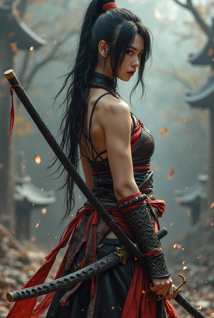 female samurai warrior, super , side ,((masterpiece, highest quality, Highest image quality, High resolution, Raw photo, 8K)), ((Extremely detailed CG unified 8k wallpaper)), (huge stunning warrior shot, full body, musclural body beauty:1.4), black hair, black hair, nervous, Posing for the camera, In a warrior fighting stance, unkempt hair, a stern look, and dual swords, symbolizing his mastery of the dual-wielding technique. Pose: Holding both swords, one above his head and one in front, in a ready stance, showcasing his adaptability and readiness., photorealistic, 16k, 8k, 4K, award winning, exposed  