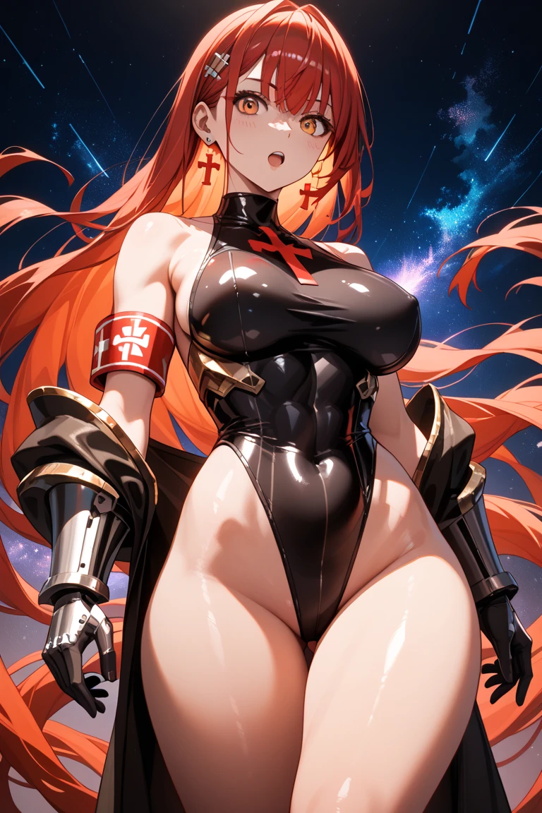 Ryuko matoi from kill la kill naked wirh skimpy revealing cloth pieces and red sharp straps, big boobs, pussy, tits, hentai action pose, riding a huge dick, moaning, wet