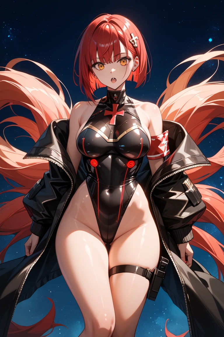 1girll, red pupils，Red long-haired，crisp breasts，Convex buttocks，Bare legged，black heels，White bandeau dress decorated with gold patterns，He wears a black trench coat，There is a red laser sword in his hand，starrysky，kosmos，Detailed background，Clothing details，perfectly proportioned, Cinematic lighting, filmgrain, Fuji colors, lightand shade contrast, 8K, 巨作, Textured skin, Super detail, high detal, high qulity, A high resolution,