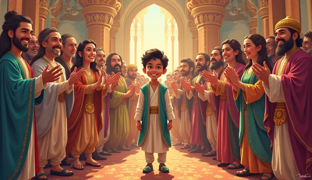 Describe the joyful innocence of a young boy exploring the vibrant colors and lively atmosphere of Mecca during a festive celebration."realistic detailed