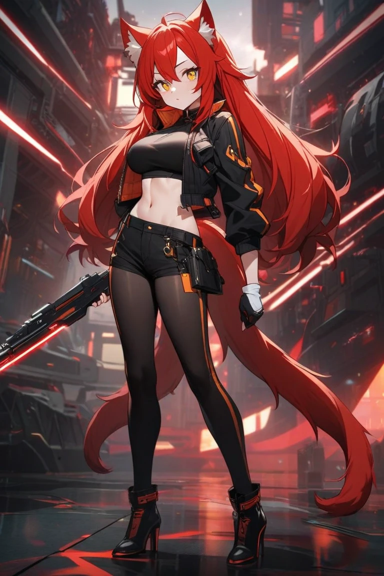 1girl, solo, long hair, breasts, looking at viewer, bangs, blue eyes, skirt, large breasts, thighhighs, long sleeves, navel, cleavage, hair between eyes, closed mouth, underwear, blue hair, standing, collarbone, panties, full body, ponytail, red hair, multicolored hair, boots, open clothes, shoes, choker, midriff, belt, black thighhighs, indoors, miniskirt, black skirt, stomach, black footwear, two-tone hair, streaked hair, coat, crop top, v-shaped eyebrows, thigh strap, ass visible through thighs, black choker, pantyshot, pencil skirt, black belt, open coat, black coat, taut clothes, tube top, with the word "Kali Linux" written on her outfit, servers and computers are visible in the background in a cyberpunk-style environment, featuring neon lights, futuristic buildings, and a high-tech urban atmosphere.