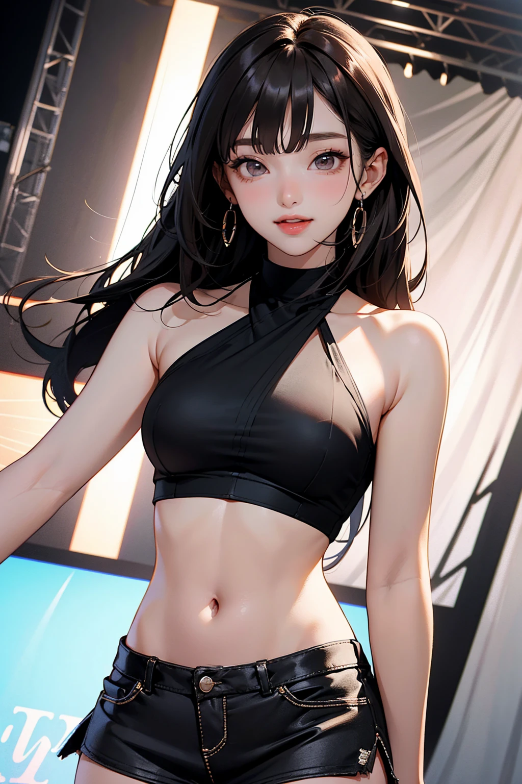 (Masterpiece, Best Quality, 1 Girl, Solo, Intricate Detail, Chromatic Aberration), (Reality), (Skin), 1 Girl Shizuku High Ponytail, ((Middle Breath)), (Brunet, Blunt Bangs), Detailed Hair, Red Heador, Blue Highlight, Hair More Than One Eye, Red Eye, Small Earrings, Sharp Eyes, Necklace, ((Black Crop Top Openwork)), (Symmetrical Eyes), (Perfectly Symmetrical Body), ((Natural Light))), Backlit, against gray walls, dim lighting, standing, (looking at the audience), ((Center shot, from the front, (face and waist) pronounced chest line Deep V realistic, high resolution, 1 girl, black wavy hair, small mole under the eyes, white shirt, black pleated skirt, pronounced chest line, long legs, tight abs, dynamic pose, catwalk Chest line Black pleated skirt Jacket revealing white bra Navel eyes High ponytail