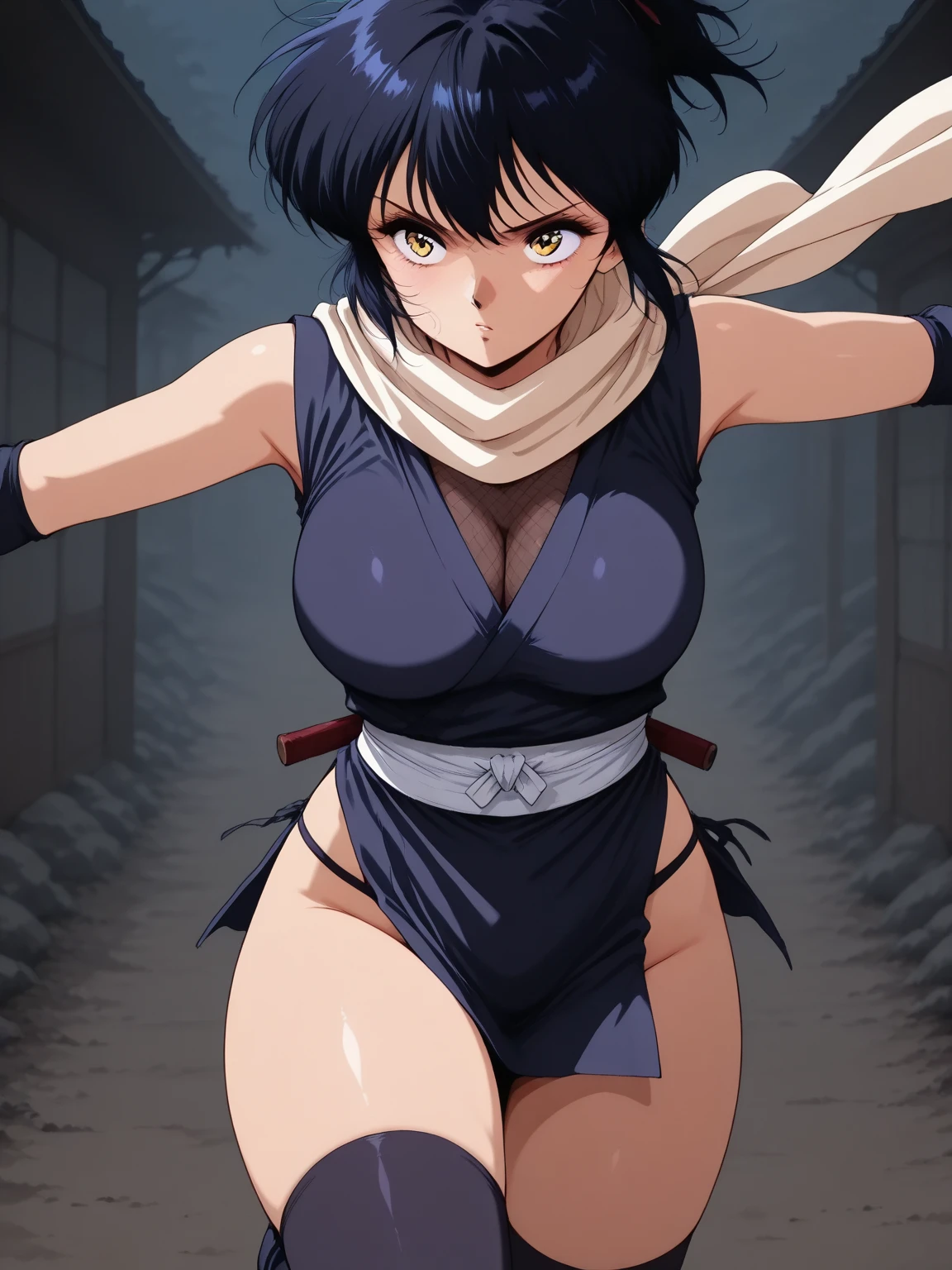 best quality, highres, 1girl, solo, black hair, breasts, folded ponytail, pruples eyes, tao jun, large breasts, micro bikini, outdoor, cowboy shooting ]