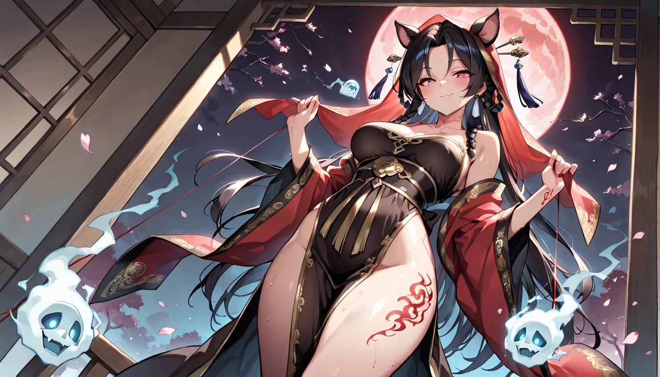 female, brown short messy hair, red eyes, brown monkey ears, brown monkey tail, (((1girl))), (((yellow Chinese dress))), (black sash), (black knee high toeless socks), (black Chinese slippers), cute and sexy, full body, large breasts, long legs, smiling, cleavage