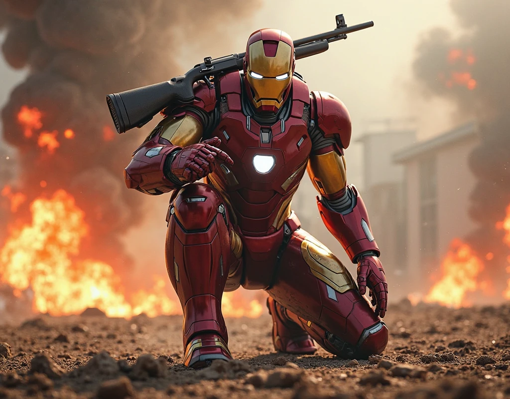 ((ultra intricate details, digital art style, airbrushed)), low angle shot, Ironman in a middle-eastern battlefield, battle scared armor, scratches, scorch marks, reflections, bullet holes, burning building in the background