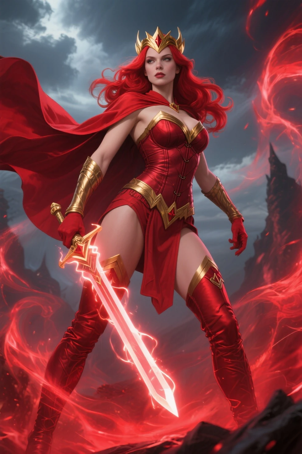 (full body shot:1.1) photorealistic image of a (standing pose:1.1) woman, ultrarealistic, photography, long red hair, girl, 24 years old, hourglass figure, perfect body, Flirty look, extremely detailed artgerm, in the style artgerm, facing the camera, lens 35 mm, blur background, scarlet witch red cosplay, floating in the air, red electric glowing hands, sparkling with red electricity, outside in darkening clouds, clouds with red electricity, full body, full body pic (full body) (full body portrait), show her from head to toe, she is wearing red knee high boots with gold soles