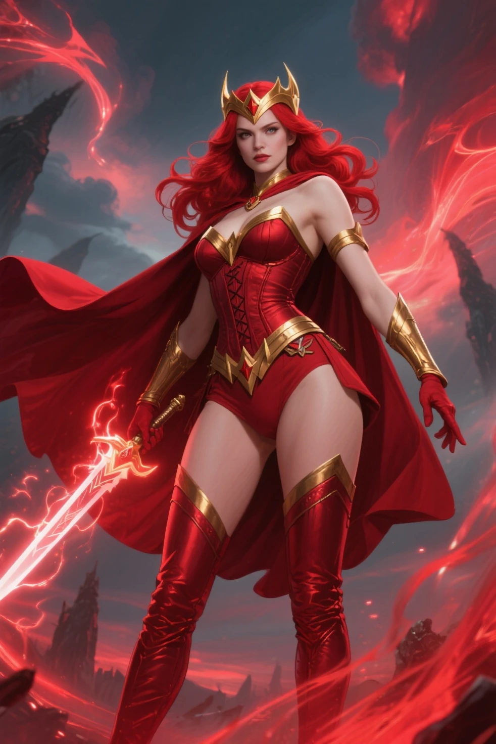 (full body shot:1.1) photorealistic image of a (standing pose:1.1) woman, ultrarealistic, photography, long red hair, girl, 24 years old, hourglass figure, perfect body, Flirty look, extremely detailed artgerm, in the style artgerm, facing the camera, lens 35 mm, blur background, scarlet witch red cosplay, floating in the air, red electric glowing hands, sparkling with red electricity, outside in darkening clouds, clouds with red electricity, full body, full body pic (full body) (full body portrait), show her from head to toe, she is wearing red knee high boots with gold soles