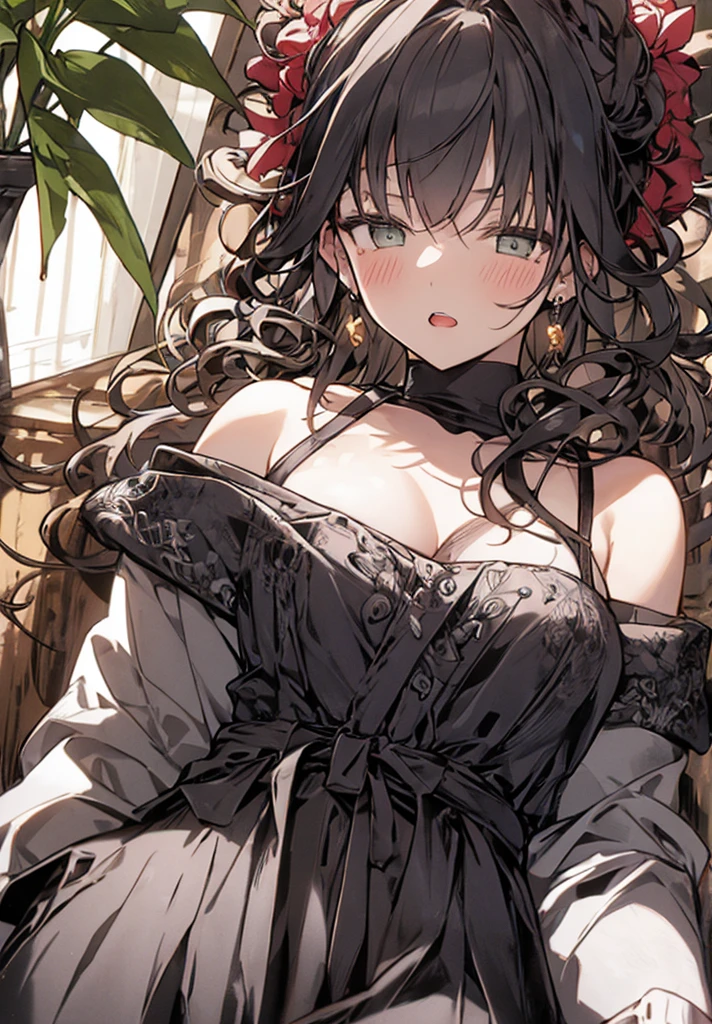 (top quality, masterpiece, high quality, ultra-delicate), ((beautiful girl)), ((Dark black hair)), mature, graceful curves, (long hair, long bangs), ((bright green eyes)), detailed eyes, bangs, ((minimal clothing)), large breast and chest, sunset in the background small blush, thick thighs, big butt, clevage, ((some nudity)), breast, green earrings.