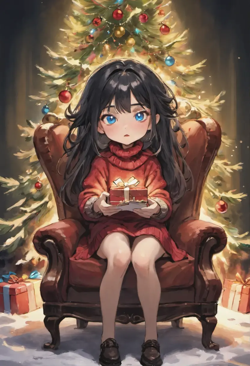 realism, picture, Fantastic tale, Christmas style, John Tolkien style, Small painting by Jean-Baptiste Monge,  little girl near a huge Christmas tree decorated with Christmas garlands and gifts, Soft facial features, sitting in a chair with flowing black hair , Straight hair , near the Christmas tree, Soft facial features, wearing dress,  wearing a sweater, With light makeup,  dark pink lips,  lip shape"pearlescent" ,"curved eyebrows in the shape of Engriberts, Blue eyes,  heavy-lidded eye shape, Human Hand,   Human hand, very clear without flaws with five fingers,Black long Straight hair ,, in a short red dress, in a sweater,mischievous character, a fireplace, Christmas tree, Present, Jean-Baptiste Monge, anthropomorphic --ar 2:3 --testp - optimistic;  Straight hair