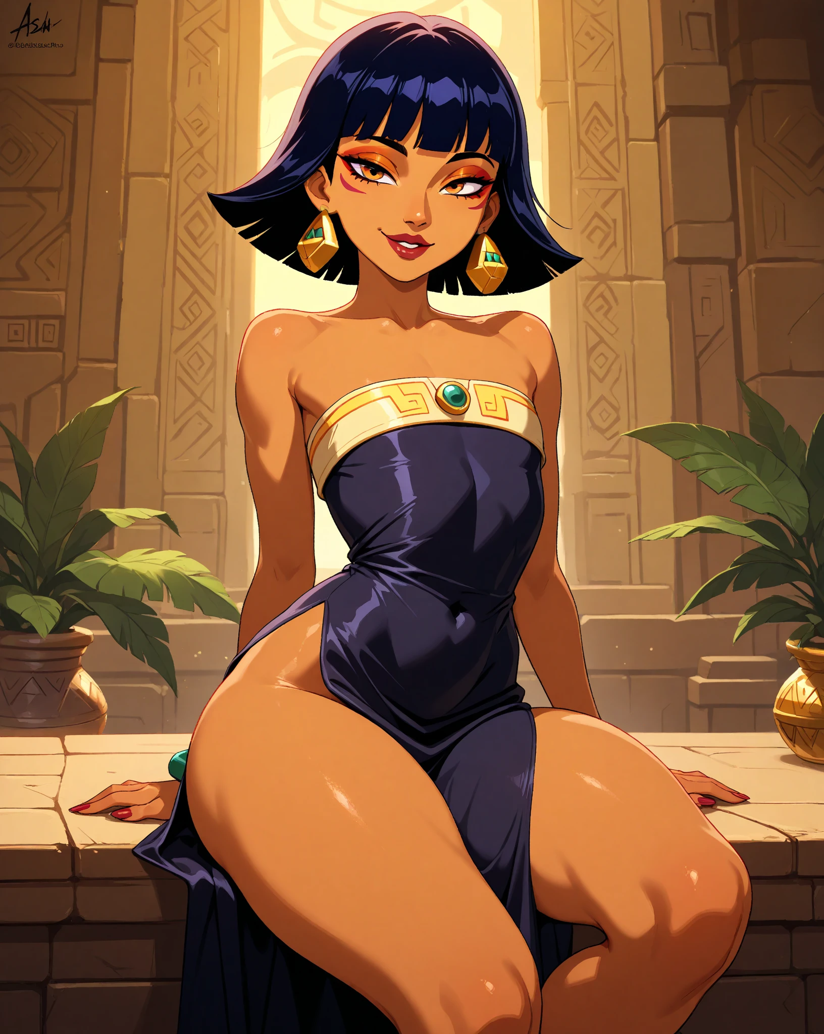 a woman sitting on top of a sandy beach, naruto artstyle, promotional movie poster, smooth red skin, pharaoh, promotional poster, blu-ray transfer, statue of the perfect woman, leak, laika, epic poster, prisoner, wide neck, bbc promotional artwork