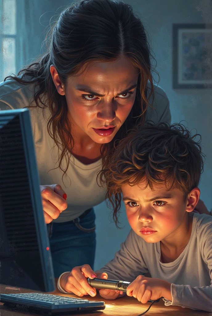 Mother entering her son&#39;s room upset, since he is playing on the computer, The mother is upset and yells at him, The son is scared and leaves the computer