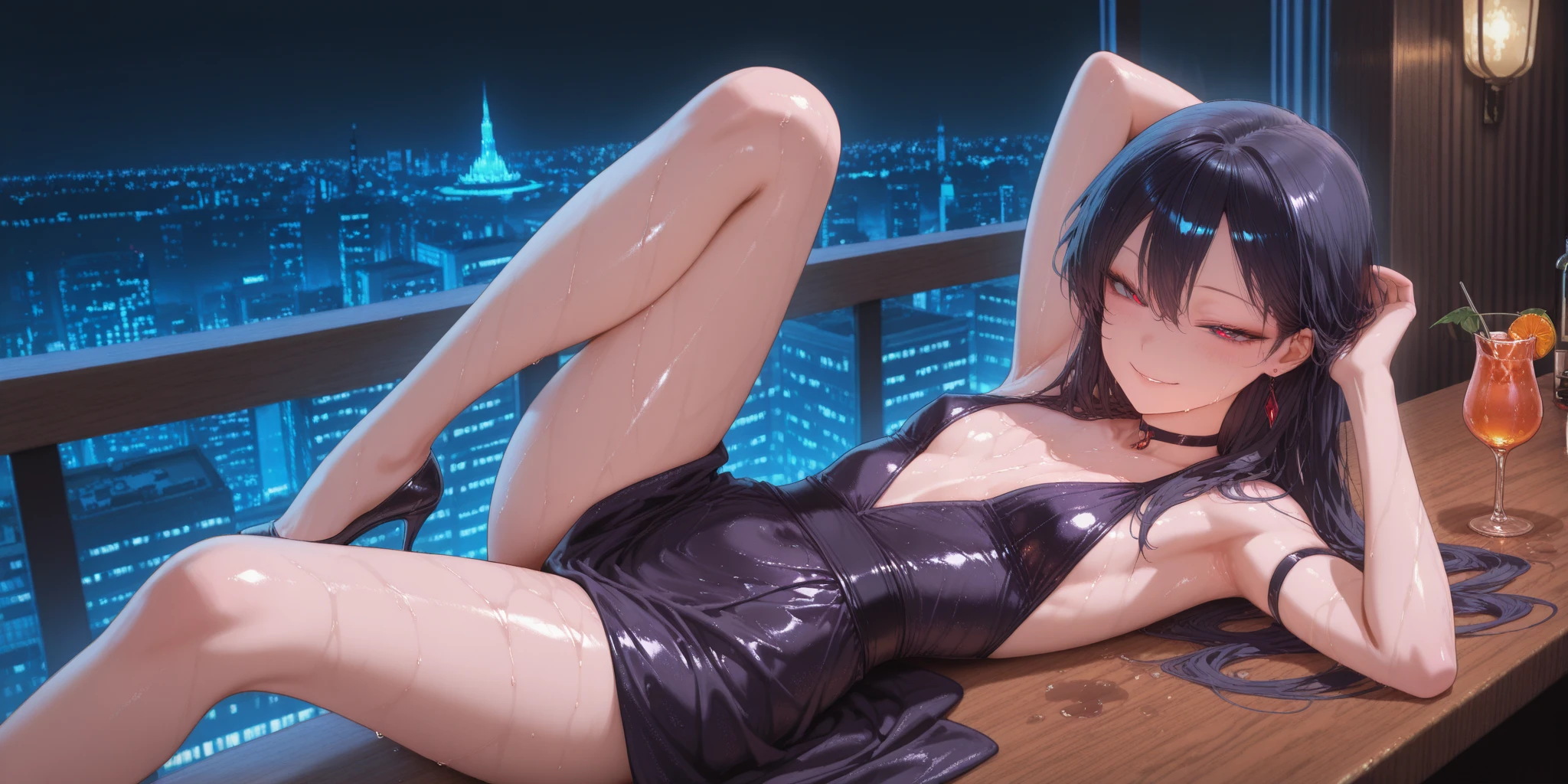 1shot,((perfect anatomy:1.3,realistic:1.3,RAW Photography:1.3,masterpiece、highest quality、Ultra - High resolution、High resolution、Highly detailed CG、8K)),nsfw,cowboy shot,1 female,solo、25 year old beauty,Japanese,((beautiful detailed face and eyes,big gorgeous eyes:1.3,gray eyes)),black hair,ponytail hair,long hair,straight hair,blunt bangs,blush,open mouth,((medium breasts, ideal ratio body proportions:1.5,small head:1.6,slender body,skinny)),((sweat:1.5)),(oily skin,gleaming skin,shiny skin),(nipples,Black leotard、turtleneck,no sleeve,Love juice:1.5,bukkake:1.5,barefoot,black sneaker shoes),sitting,spread legs:1.5,High-rise building rooftop、night、真night中、moonlight,