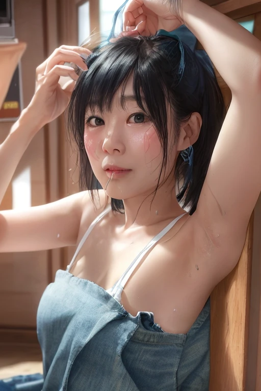 8k, High resolution, ultra detailed、最high quality,、high quality,masterpiece,detailed, High resolution,、nsfw、Browsing Caution,One girl、woman、Beautiful Face、eyelash、Blunt bangs ponytail、、((blush:1.5))、(Very embarrassed look:1.4),Watery eye、Troubled eyebrows、Ecstasy 、((Lips slightly open:1.5))、(Close your eyes):1.4)、,Big Breasts,clavicle,Abdominal muscles,detailed skin,Tan Lines,Knee-high ,、(Erect nipples visible through clothes:1.2),,Pull up your denim miniskirt、Pulling on low rise pantieasturbating under her panties:1.5))))、Fingering、Masturbation, Cafe ,((A customer sitting on a chair A large number of people))、Dynamic Angle、,,、dramatic , 3D, blush,、(、Semen from pussy、Fingers in pussy