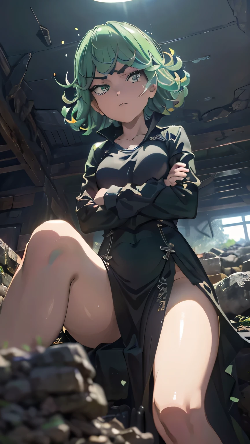 (breast hold), (arms crossed), spread legs standing, (cowboy shot),
angry, half closed eyes, (standing:1.5),
(extreme close-up of thigh), (The view is from very close below:1.5),
1girl, tatsumaki, green eyes, thick thighs, green hair, short hair,
(超詳細,非常に詳細),(非常に詳細 CG unity 8k wallpaper),(鮮やかな色彩),{best illustration}, キャメルトゥ,(erection of nipple),
(自然な肌の質感, リアルな顔のディテール),((詳細なボディ)),(詳細な顔)),(betterhand,完璧な解剖学,5本の指),
very shiny 肌,光沢のあるボディ,(plastic glitter 肌),exaggerated shiny 肌,illuminated 肌, female , petite, (flat chest),
long sleeves, dress, pelvic curtain, black dress, side slit, covered navel, highleg, ass visible through thighs, high heels,
(dark, rich background with subtle textures:1.2),(dramatic baroque lighting, chiaroscuro style:1.3),
(strong contrast of light and shadow highlighting :1.3), (lens for soft bokeh:1.3), (shallow depth of field focused on the :1.3),
(high resolution for fine detail:1.3),
Rubble, ruins, post-battlefield, (Sitting on rubble:1.5),
