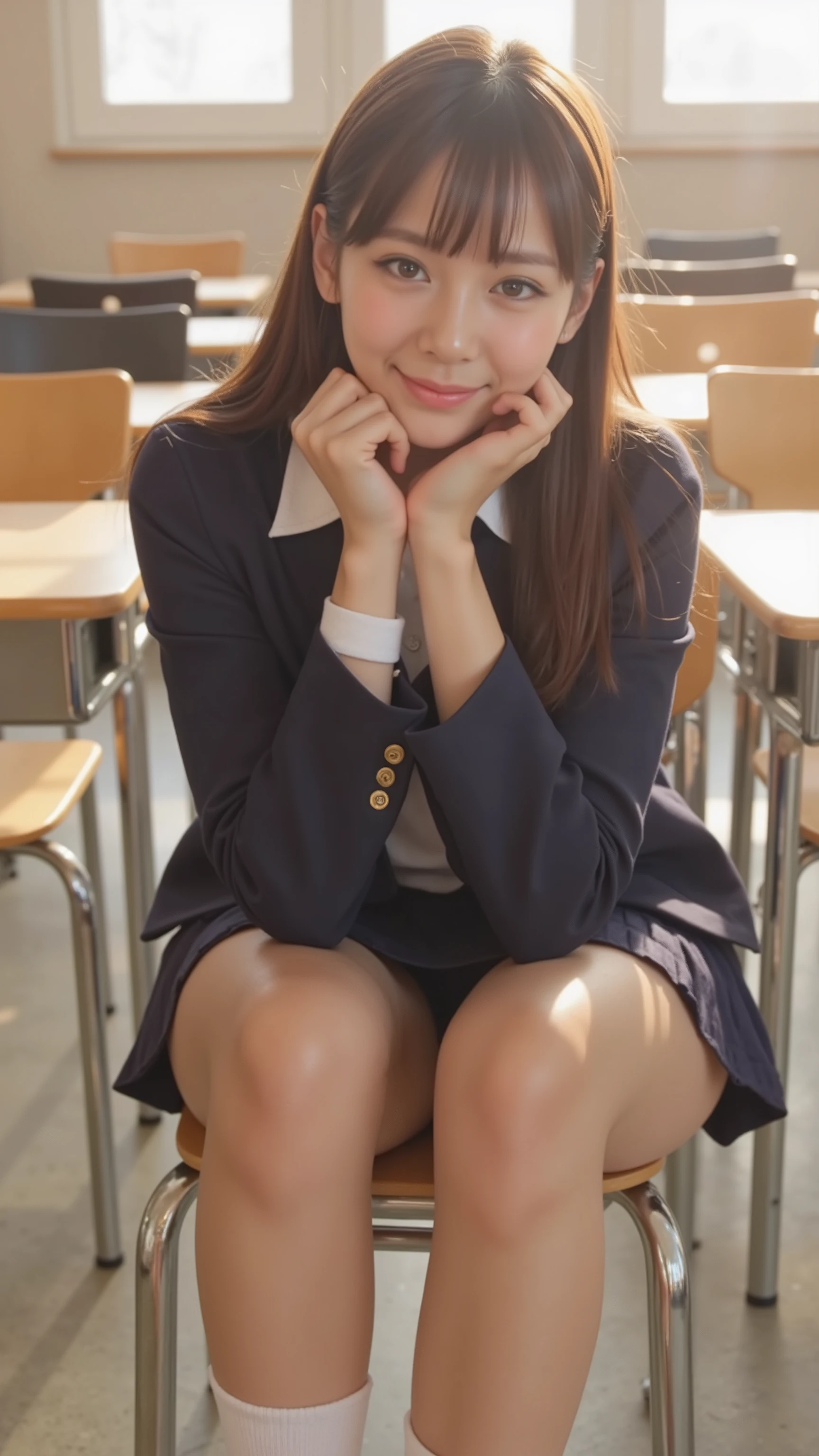 A photorealistic image of a Japanese high school girl from Yokohama in a quiet, empty classroom after school, with the warm light of the setting sun streaming through the windows. She is wearing a navy school blazer over a white shirt, a navy pleated mini skirt, navy socks, and white indoor shoes typical of Japanese schools. She has long black hair with straight-cut bangs, fair skin, brown eyes, and light pink lipstick. She is sitting on a classroom chair, resting her chin on her knees with a soft smile, mimicking a cozy, shy pose. Desks and chairs are neatly arranged around her, and the image is viewed from the front.