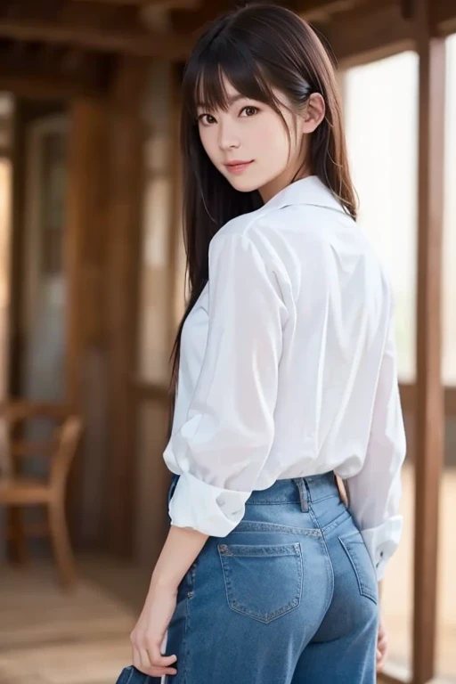 woman、her hands are tied、((put your hands behind your back))、((Place your hands together and cross them behind your back))、(((Her wrists are tied with rope)))、shibari、Beauty、20Year、university student、(anatomicaly, Has two arms and two hands)、In a lighted hotel room、Standing by the window、Outside the window is the night sky、There are many stars、Wearing a short-sleeved blouse、Wear a high school student-style miniskirt、Uniform eyes、Proportional ratio、Small breasts、Small face、(I can see from head to heel), Black Hair, bangs, swept bangs, Straight hair, Nervous, Messy Hair, Floating hair, Cinema Lighting, tachi-e, First-person view, throw, From behind, F/1.2, Nikon, Surrealism, 超High resolution, Highest quality, High resolution, 8k, Textured skin, anatomicaly正しい体,